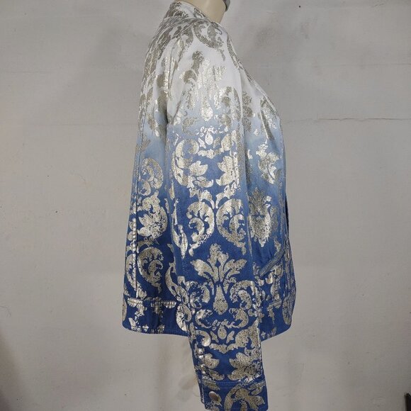 Chico's ombre blue white silver damask open front denim jacket ladies size 1 - Picture 3 of 7